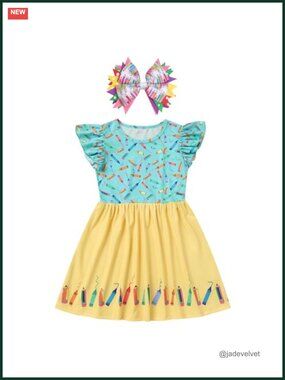 Toddler Girls Back to School Dress Pencils Crayons Print A-Line Twirly